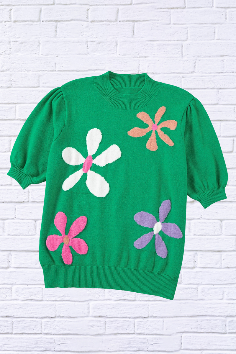 Flower Mock Neck Short Sleeve Sweater