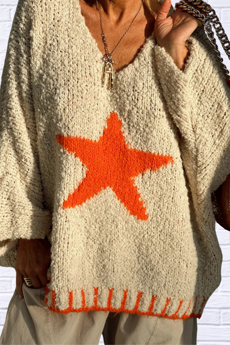 Star V-Neck Long Sleeve Oversize Sweater