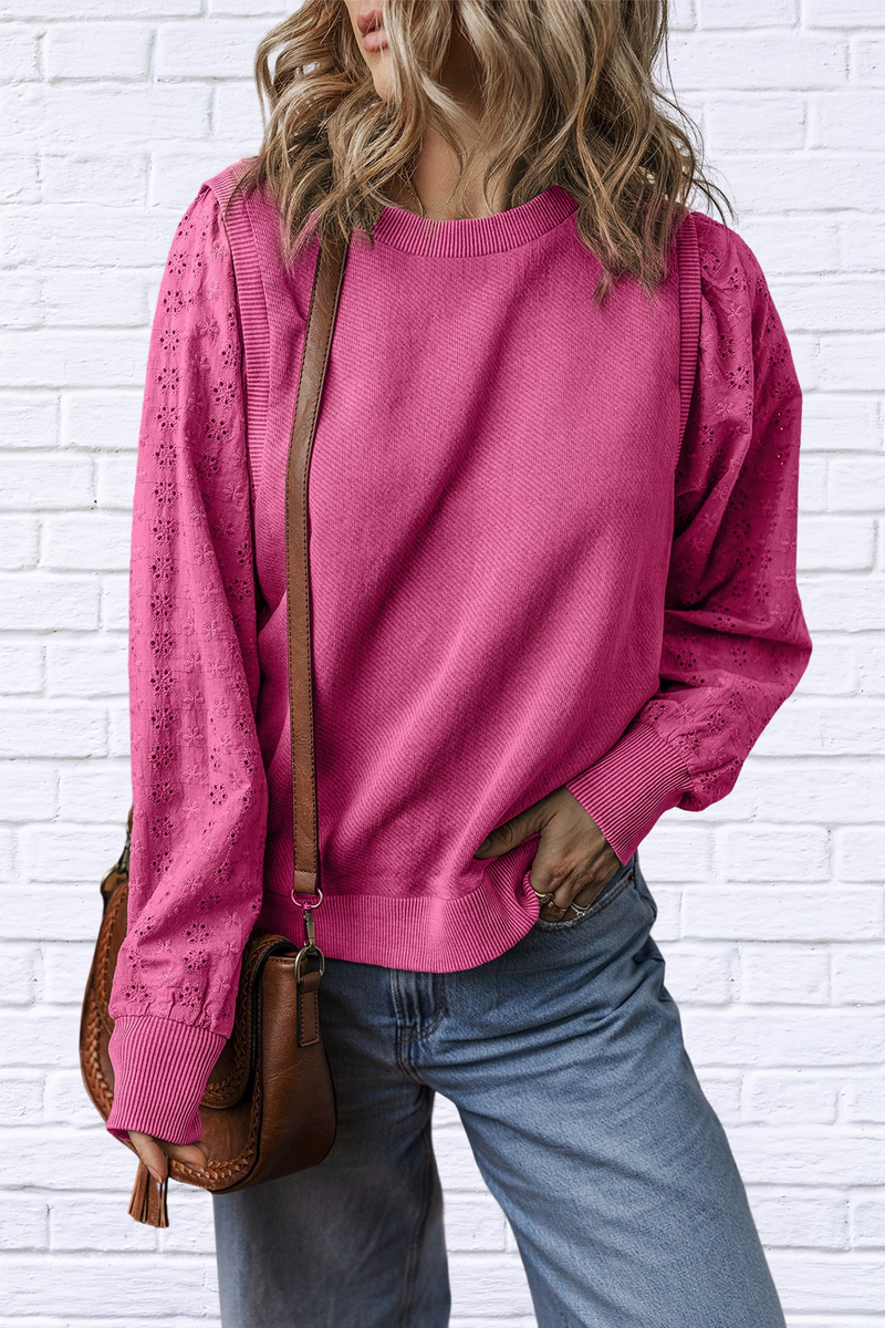 Eyelet Round Neck Long Sleeve Sweatshirt