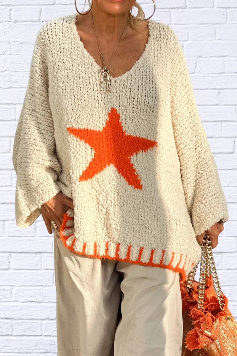 Star V-Neck Long Sleeve Oversize Sweater