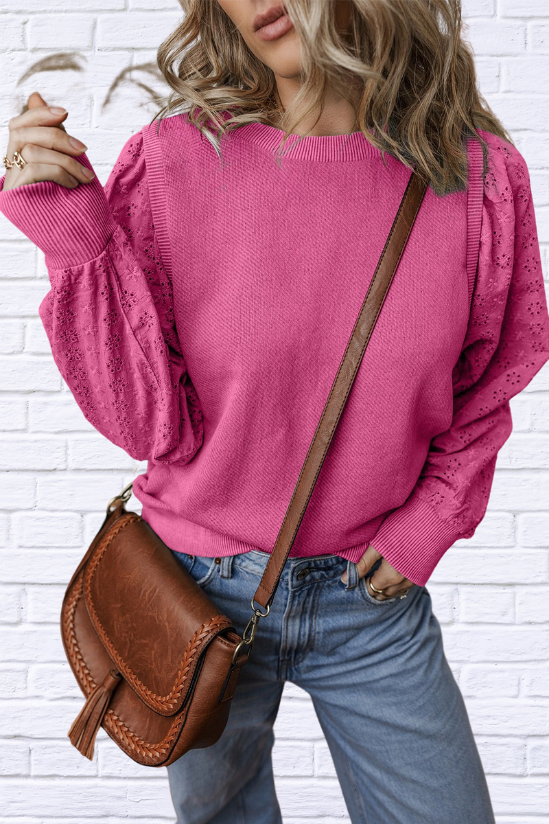 Eyelet Round Neck Long Sleeve Sweatshirt