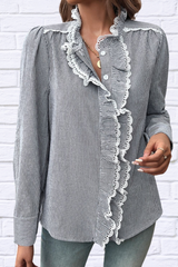 Lace Detail Ruffled Round Neck Long Sleeve Shirt