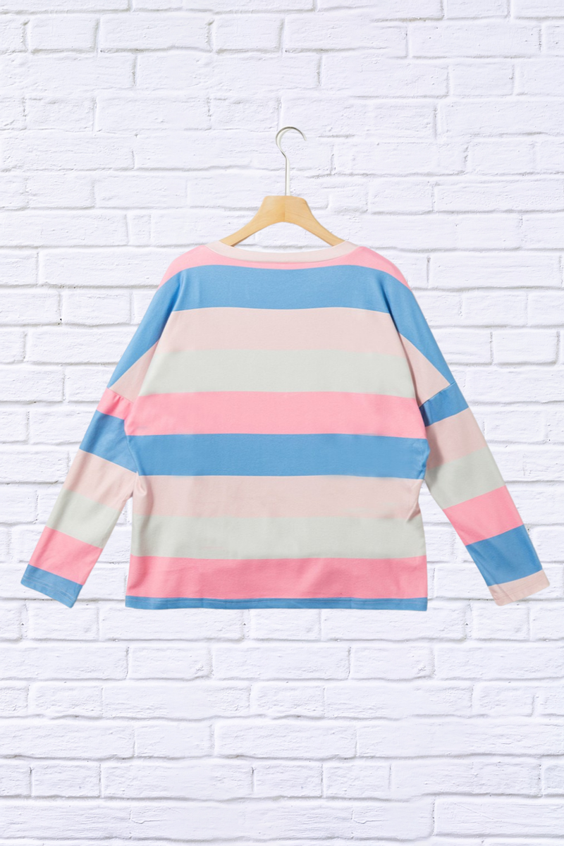 Color Block Watermelon Pink V-Neck Long Sleeve T-Shirt