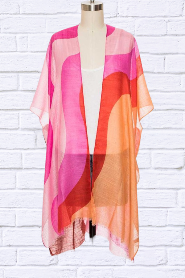 Swirly Color Print Light Weight Kimono Cardigan