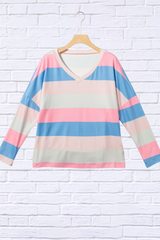 Color Block Watermelon Pink V-Neck Long Sleeve T-Shirt