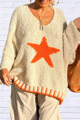 Star V-Neck Long Sleeve Oversize Sweater