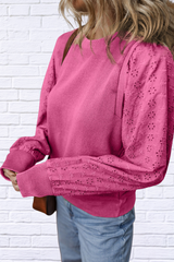 Eyelet Round Neck Long Sleeve Sweatshirt