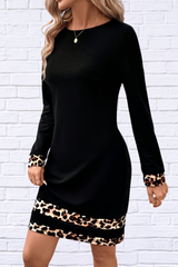 Leopard Trim Round Neck Long Sleeve Mini Dress