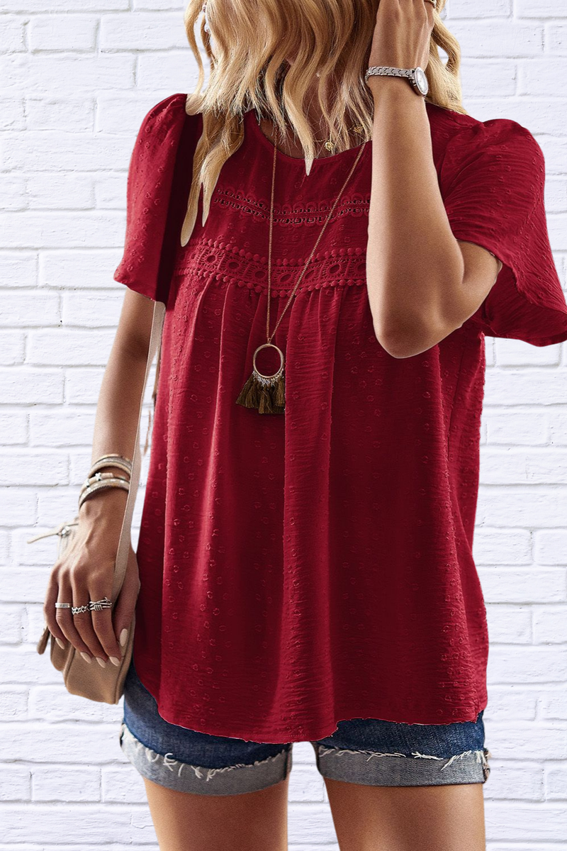 Lace Detail Round Neck Short Sleeve Blouse