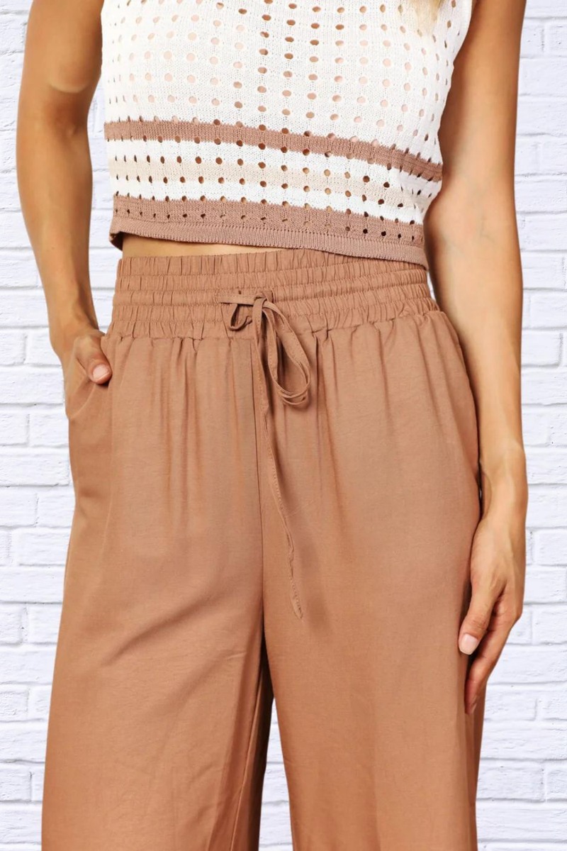 Double Take Drawstring Smocked Waist Wide Leg Pants