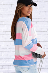 Color Block Watermelon Pink V-Neck Long Sleeve T-Shirt