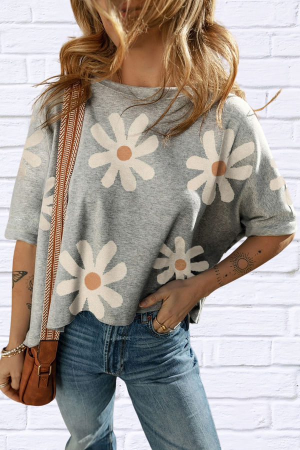 Tambourine Flower Round Neck Half Sleeve T-Shirt