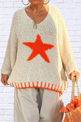 Star V-Neck Long Sleeve Oversize Sweater