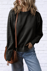 Eyelet Round Neck Long Sleeve Sweatshirt