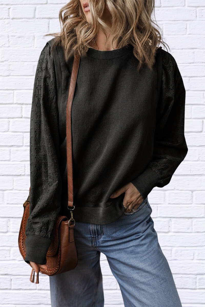 Eyelet Round Neck Long Sleeve Sweatshirt