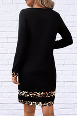 Leopard Trim Round Neck Long Sleeve Mini Dress