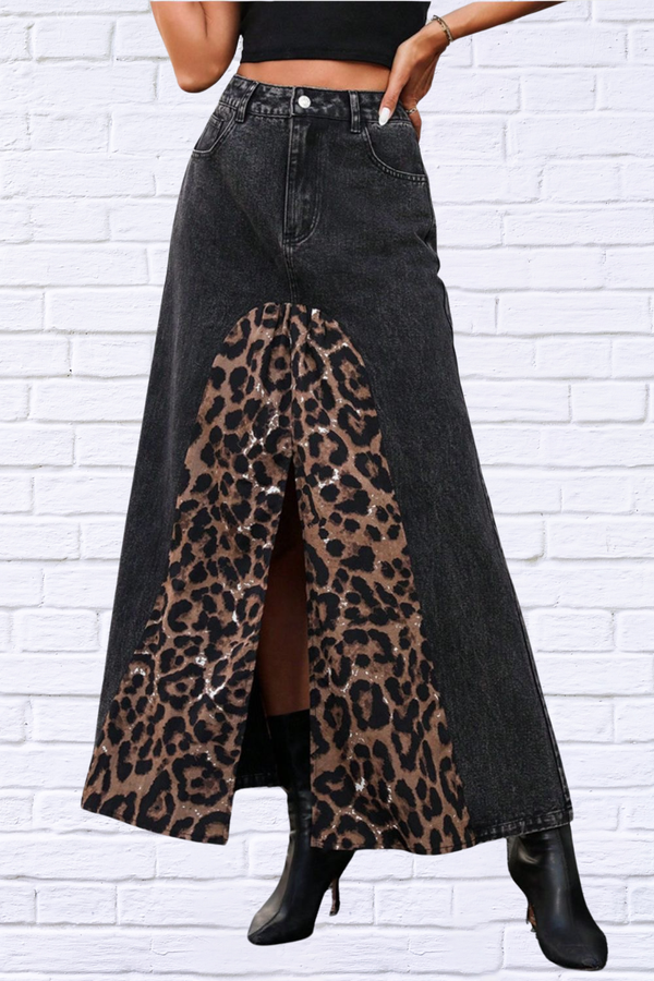 Slit Leopard Midi Denim Skirt