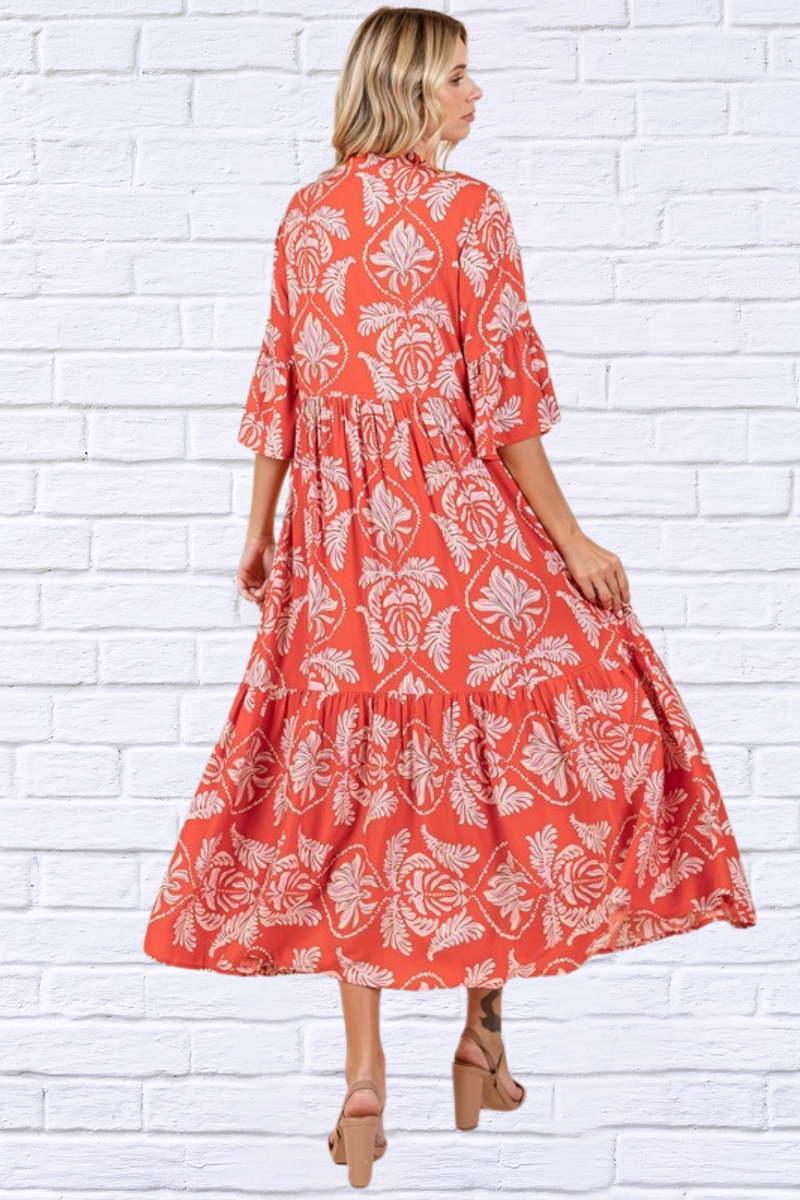 Abstract Orange-Red Leaf Print Tiered Ruffle Dress