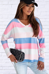 Color Block Watermelon Pink V-Neck Long Sleeve T-Shirt