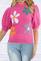 Flower Mock Neck Short Sleeve Sweater