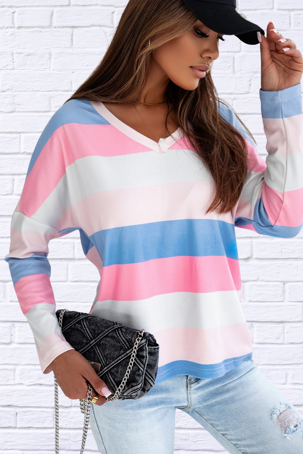 Color Block Watermelon Pink V-Neck Long Sleeve T-Shirt