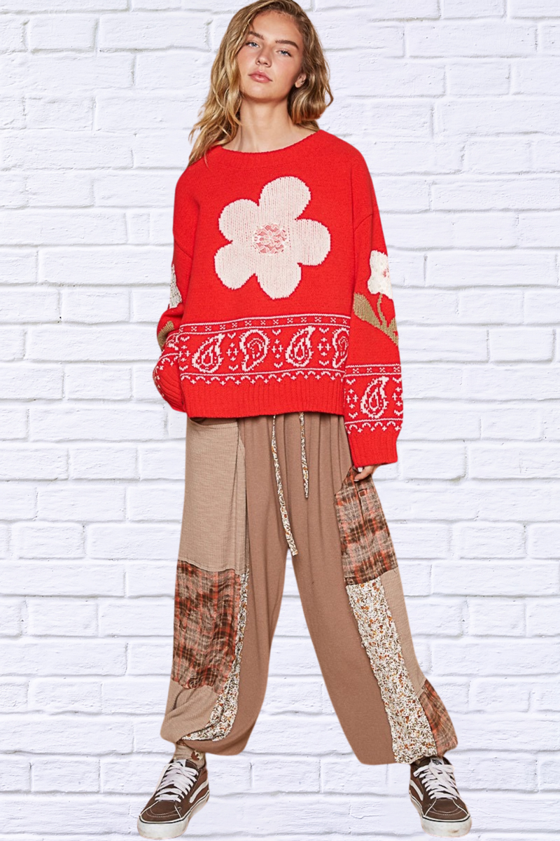 Red Flower Lace Patch Long Sleeve Sweater