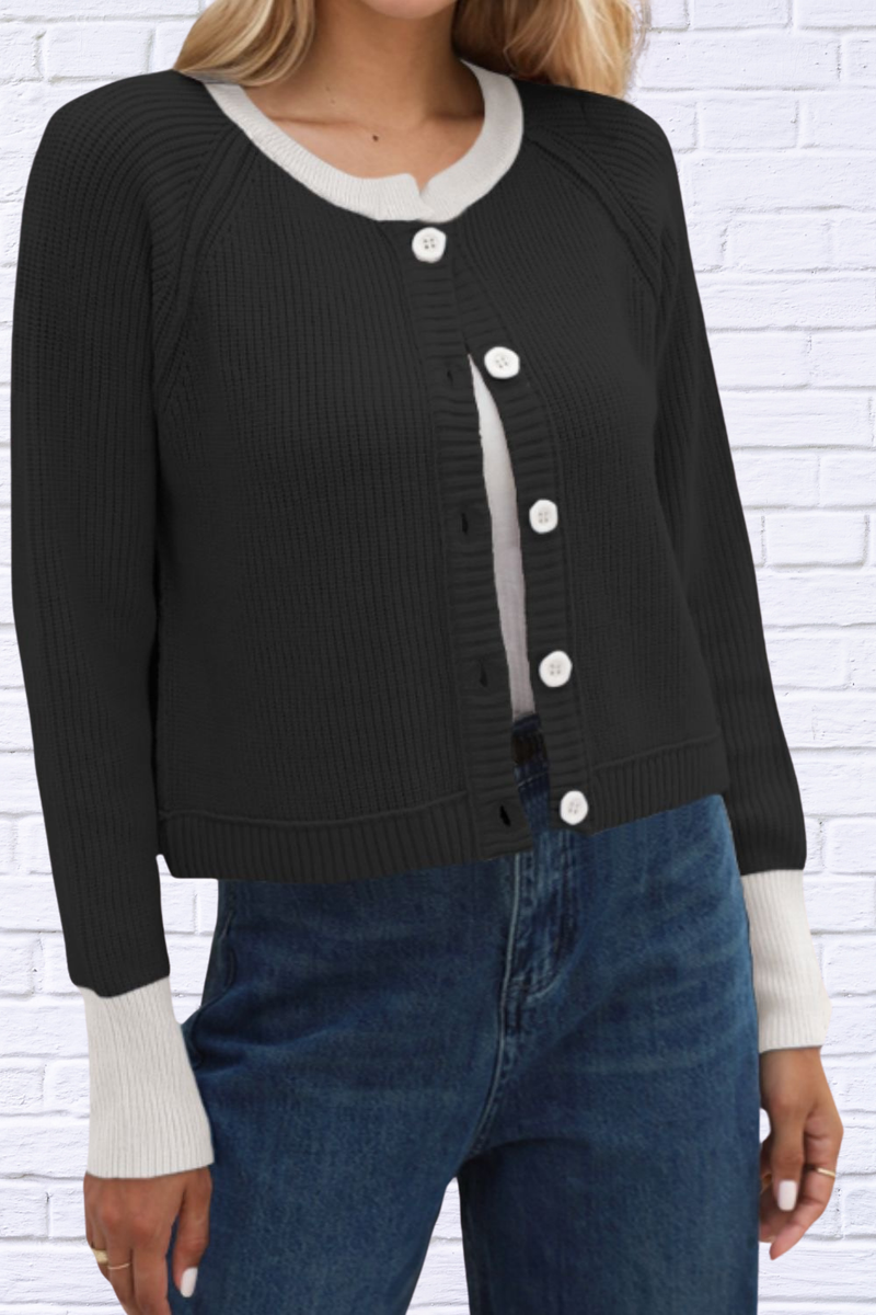 Contrast Button Up Long Sleeve Cardigan