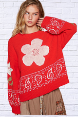 Red Flower Lace Patch Long Sleeve Sweater