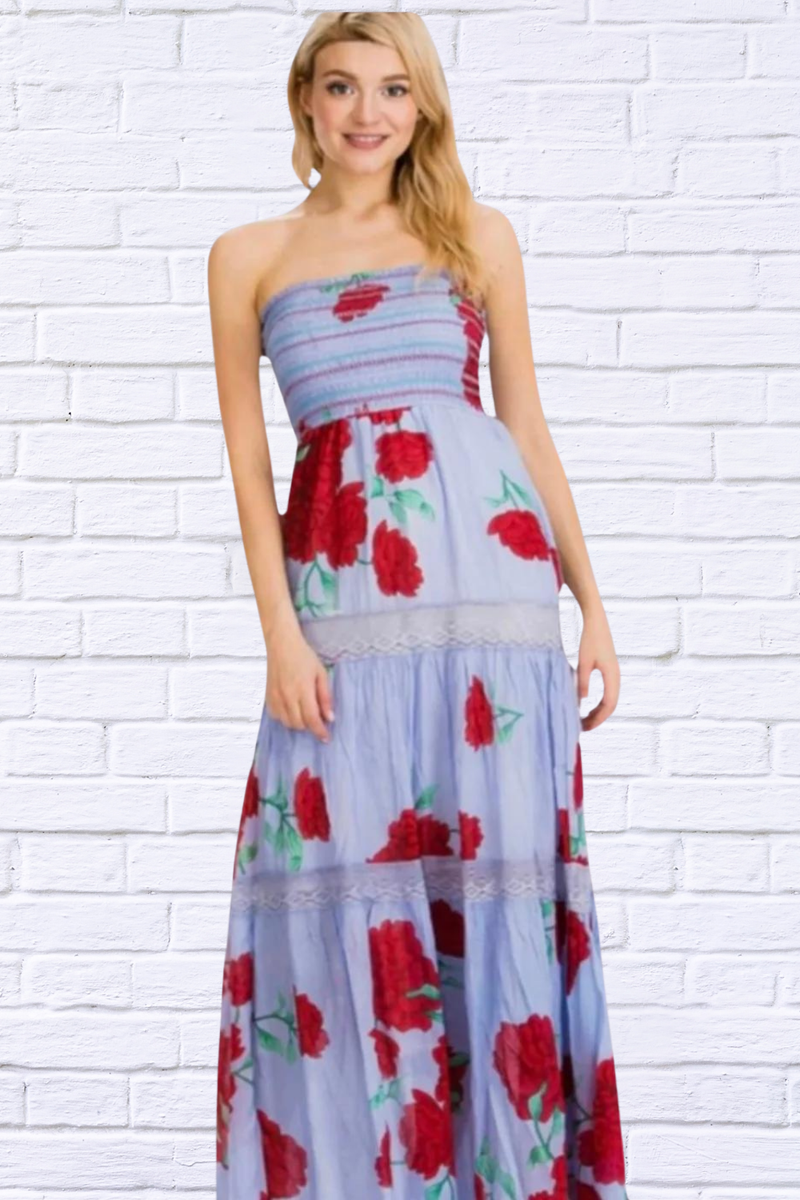 JADE DRESS - Periwinkle and Red Big Flower Print