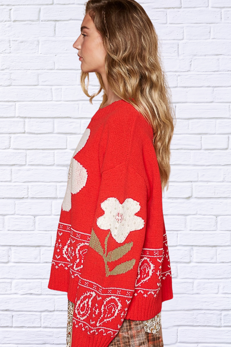 Red Flower Lace Patch Long Sleeve Sweater