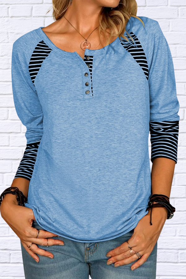 Full Size Striped Quarter Button Long Sleeve T-Shirt