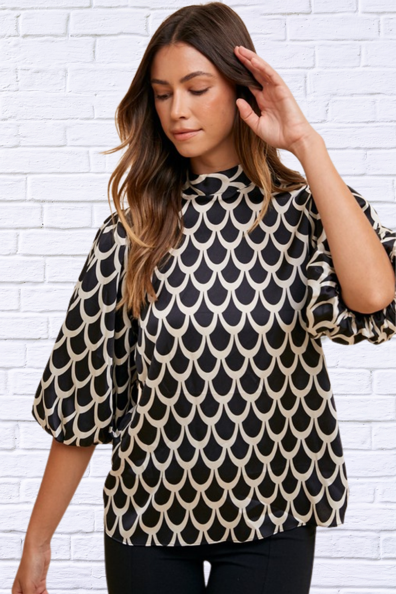 Tie Back Abstract Print Mock Neck Half Sleeve Blouse