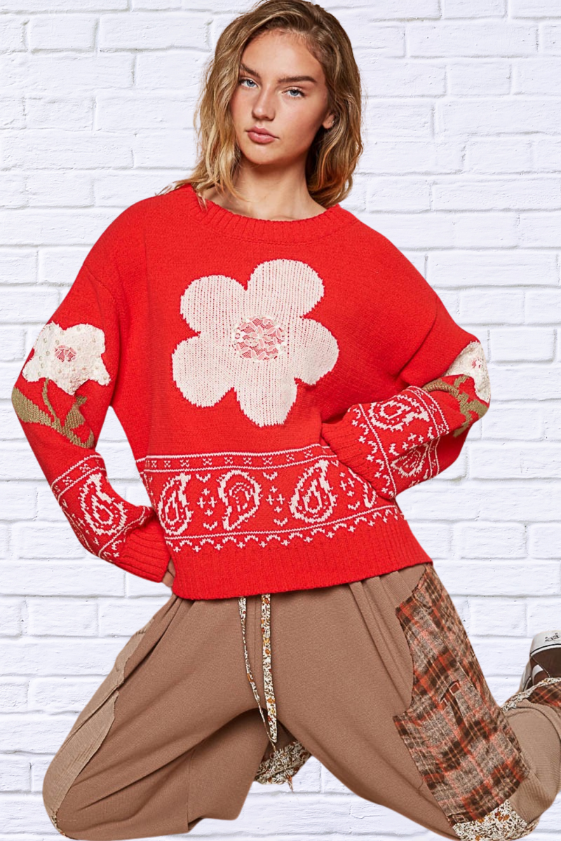 Red Flower Lace Patch Long Sleeve Sweater