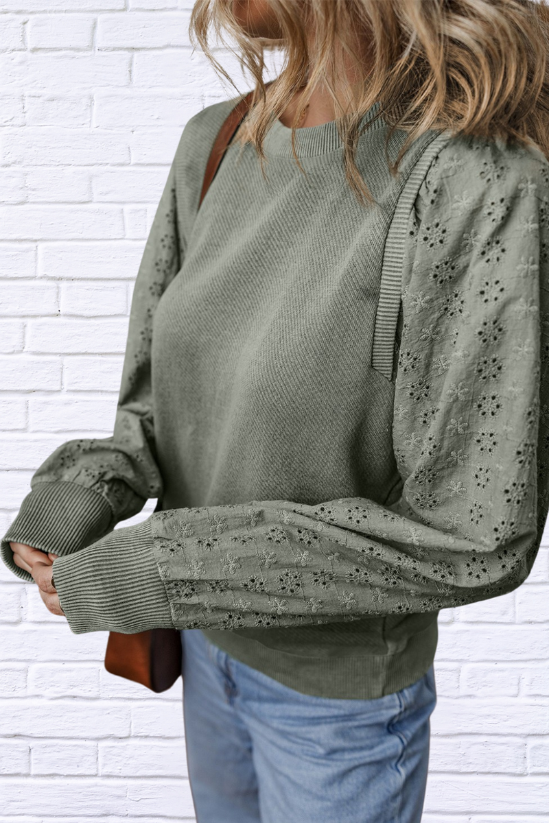 Eyelet Round Neck Long Sleeve Sweatshirt