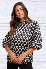 Tie Back Abstract Print Mock Neck Half Sleeve Blouse