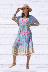 Printed Puff Sleeve Ruched Midi Dress