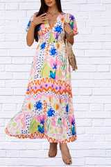 Smocked Printed V-Neck Short Sleeve Maxi Dress