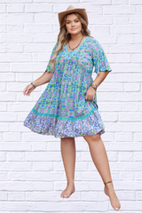 Plus Size Ruffled Hem Lace Detail Printed Half Sleeve Dress