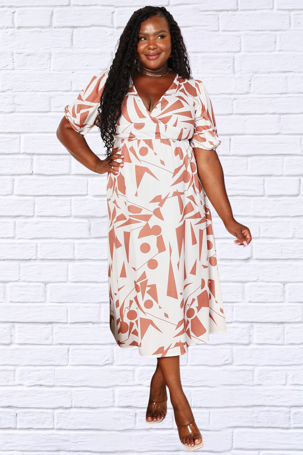 Double Take Printed Surplice Balloon Sleeve Dress