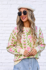 Delicate  Flower Round Neck Long Sleeve Sweater