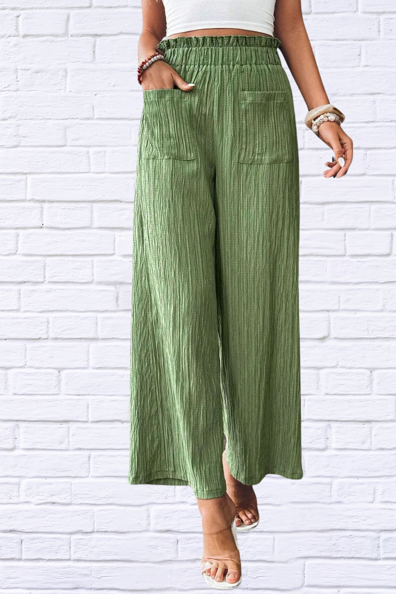 Green Pocketed Elastic Waist Wide Leg Pants