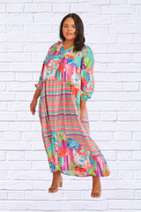 Loose V Neck Printed Long Sleeve Dress