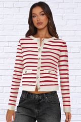 Striped Round Neck Button Up Long Sleeve Cardigan