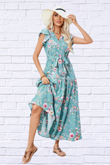 Maggie Ruffled Printed Surplice Cap Sleeve Midi Dress