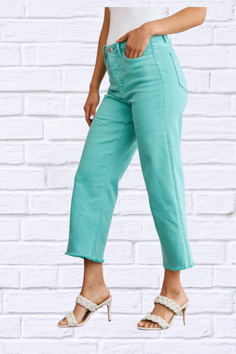 Island Green Crop Chloe Full Size Tummy Control High Waist Raw Hem Jeans