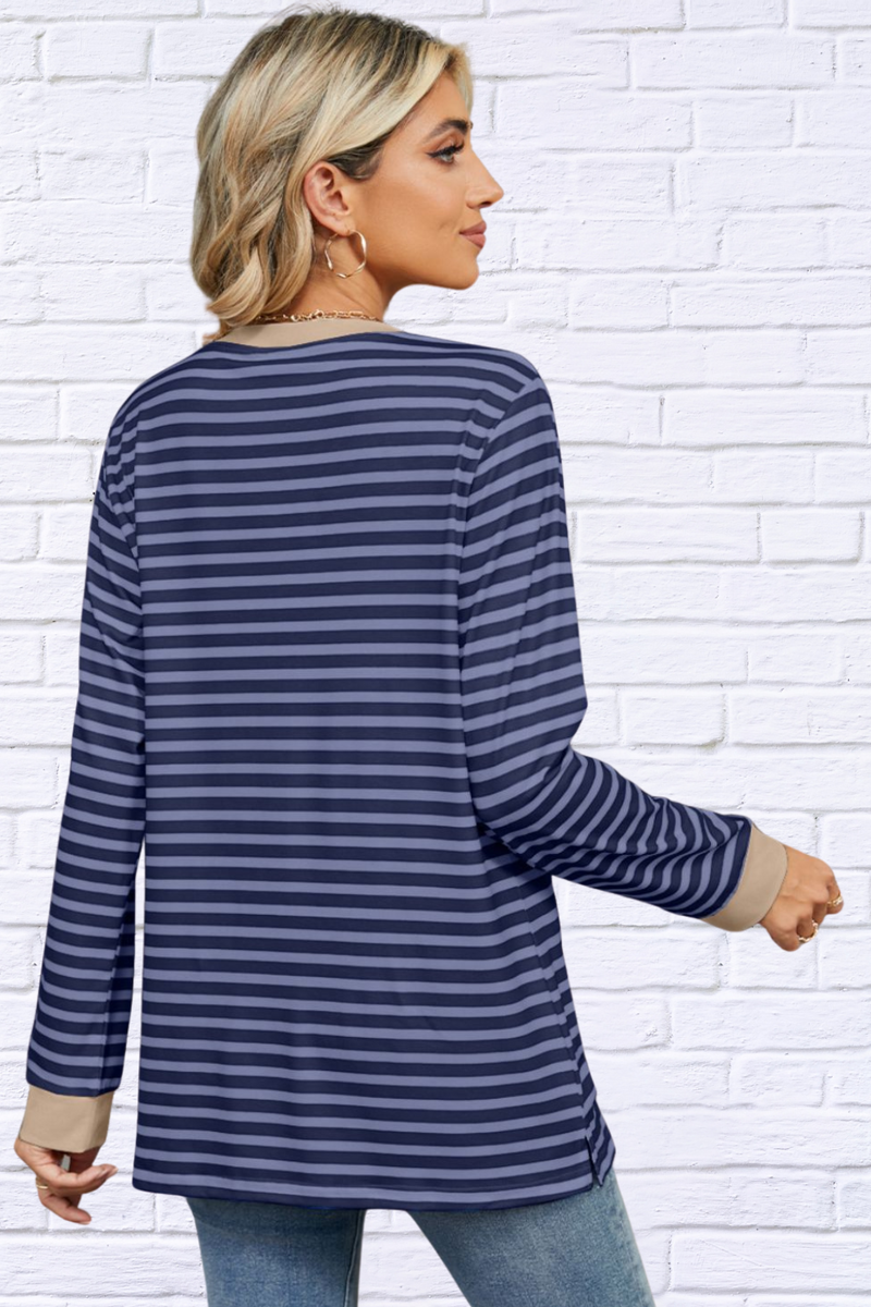 Pocketed Striped Round Neck Long Sleeve T-Shirt