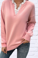 Lace Detail Notched Long Sleeve Sweater