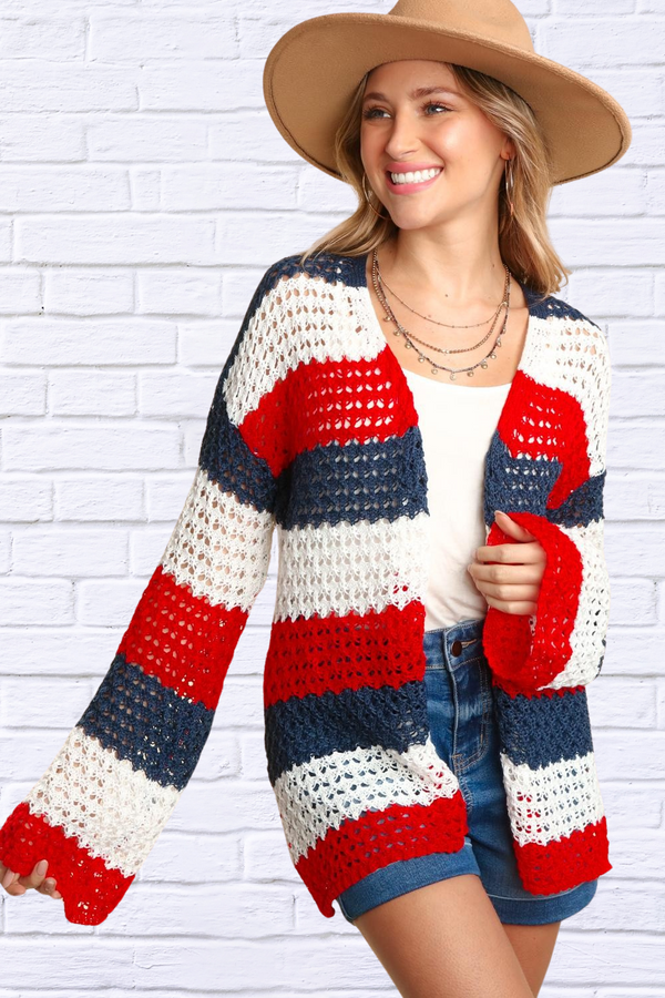 Full Size Open Front Long Sleeve Stripe Cardigan