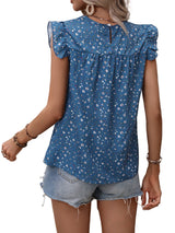 Ruffled Printed Round Neck Cap Sleeve Blouse