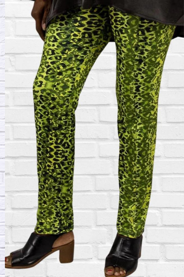 Lime Green Animal Print  And Cheron Print Flat Front Cotten Sateen Pant